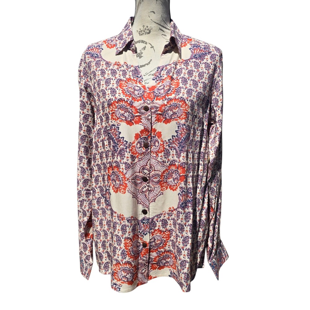 Raga -1827 NWT Womens Button Up Blouse Top Floral Paisley Print Long Sleeve‎ M